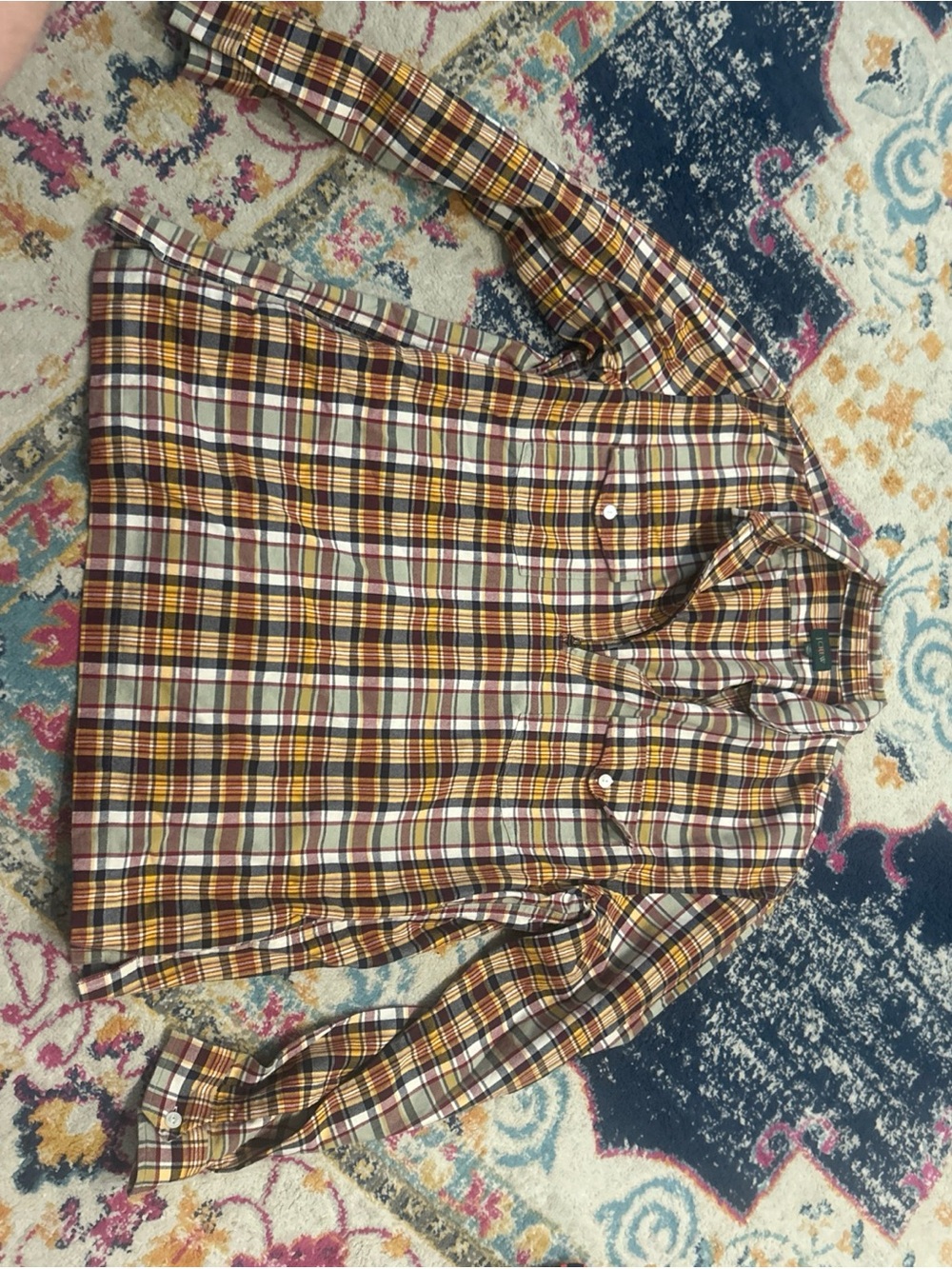 JCREW Plaid Button-Up Madras Pullover Shirt in Mustard & Burgundy XL